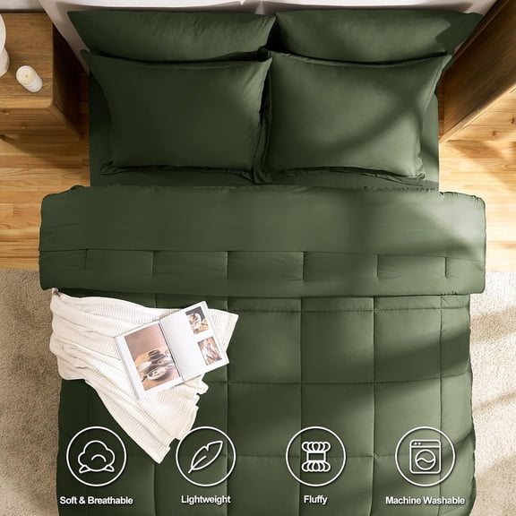 Queen Comforter Set Olive Green - 7 Pieces Bed in a Bag Queen