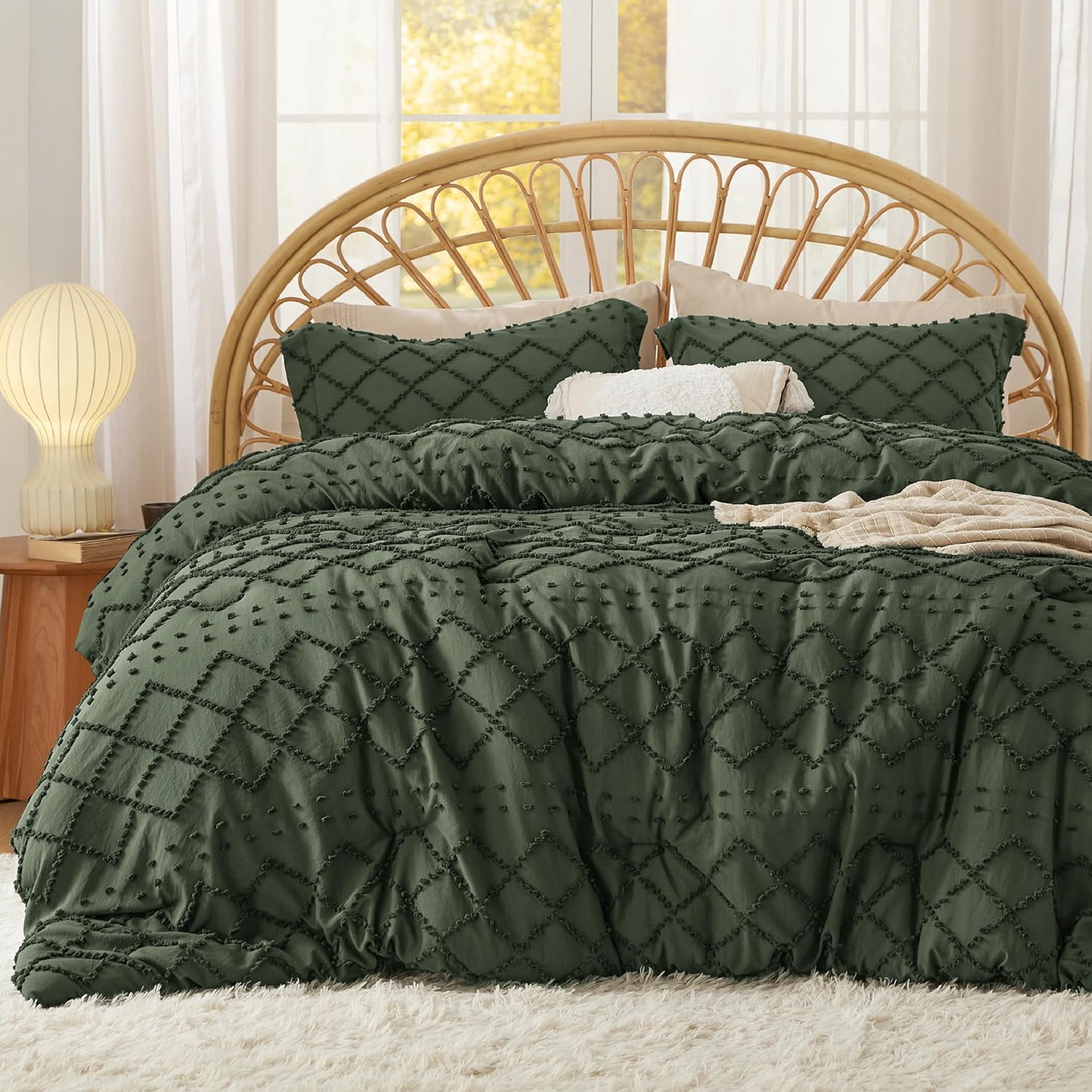 Queen Olive Green Microfiber Boho Comforter Set with Tufted Embroidery