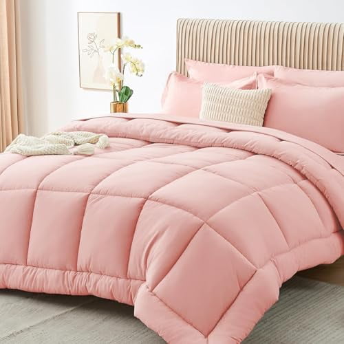 Queen Comforter Set, Pink 7 Pieces Bed in a Bag Queen, Complete Bedding Set Includes Comforter, Flat Sheet, Fitted Sheet, Pillowcases and Pillow Shams, Pink