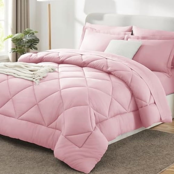 Queen Comforter Set Pink - Bed in a Bag Queen Size 7 Pieces, Luxury Soft Bed Set for All Seasons, Bedding Set with Down Alternative Comforter, Sheets, Pillowcases & Shams