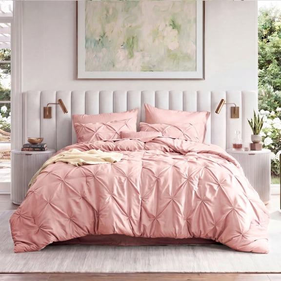 U by Bedsure Queen Comforter Set Pink, Bed in a Bag Queen Size Bedding Set, 7 Pieces Pinch Pleat All Season Comforter with Sheets, Pillowcases & Shams