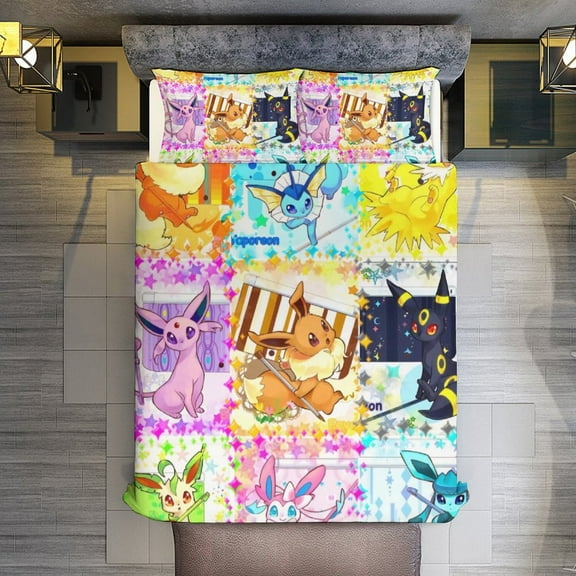 Queen Comforter Set,Pokémon Pikachu Eevee Evolutions Comforter Set for Boys Girls Kids,3 Pieces Bedding Comforter Sets with 1 Duvet Cover and 2 Pillow Pillowcases for Adult