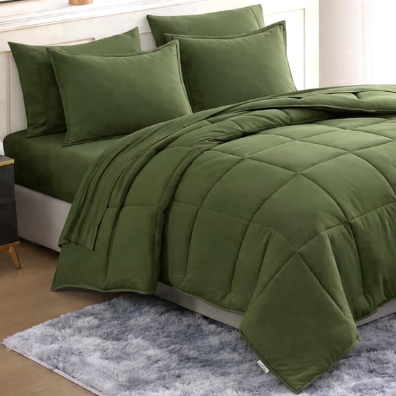 Queen Comforter Set - Pre-Washed Queen Size Bed in a Bag 7 Pieces, Down Alternative Bedding Sets with Comforters, Sheets Set, Pillowcases & Shams - Olive Green