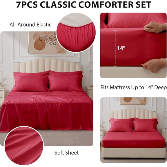 Queen Comforter Set Red - Bed in a Bag Queen Size 7 Pieces, Soft Bedding Set for All Seasons, Christmas Premium Queen Comforter Set with Comforter, Sheets, Pillowcases & Shams