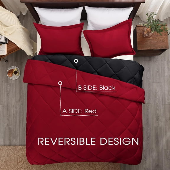 Queen Comforter Set Red Black Reversible Bedding for All Seasons