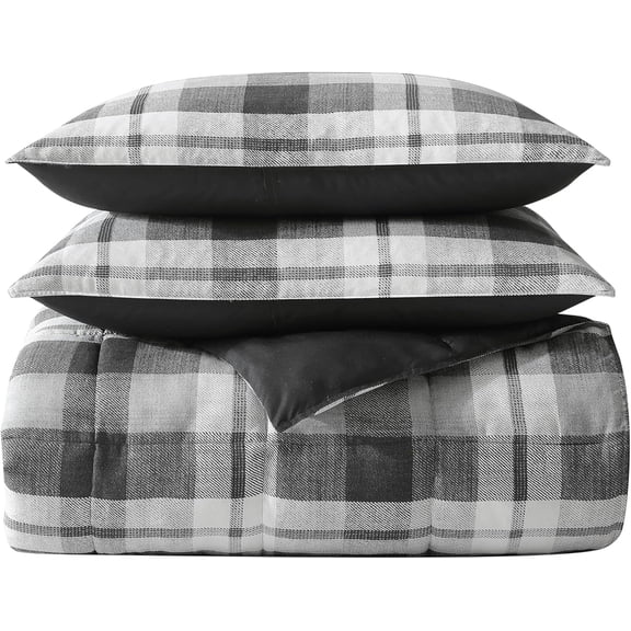 Queen Comforter Set, Reversible Microsuede Bedding with Matching Sham(s), Casual Home Decor (Plaid Charcoal, Queen)
