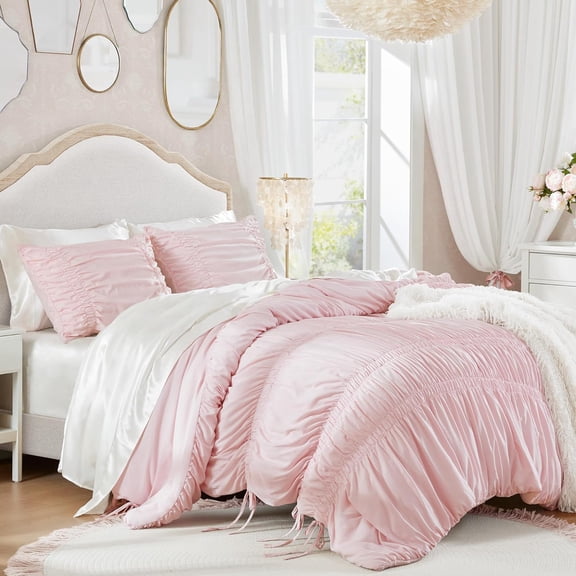 Queen Comforter Set Ruched Shabby Chic Comforters for Queen Size Bed, All Season Lightweight Comforter Queen, French Country Bedding Set, Shams, Ella, Full/Queen, Pink 3 Piece