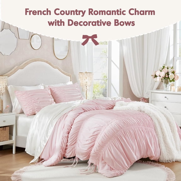 Queen Comforter Set Ruched Shabby Chic Comforters for Queen Size Bed, All Season Lightweight Comforter Queen, French Country Bedding Set, Shams, Ella, Full/Queen, Pink 3 Piece