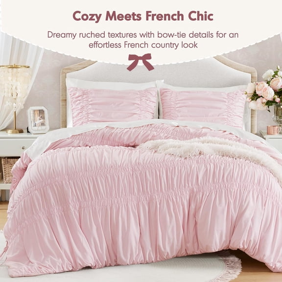 Queen Comforter Set Ruched Shabby Chic Pink 3 Piece All Season Lightweight