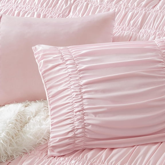 Queen Comforter Set Ruched Shabby Chic Pink 3 Piece Bedding