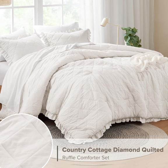 Queen Comforter Set Ruffle Shabby Chic Comforter for Queen Size Bed, Prewashed Microfiber, Fluffy, All Season Queen Bedding, Shams, Country Cottage Decor, Full/Queen, Ivory 3 Piece