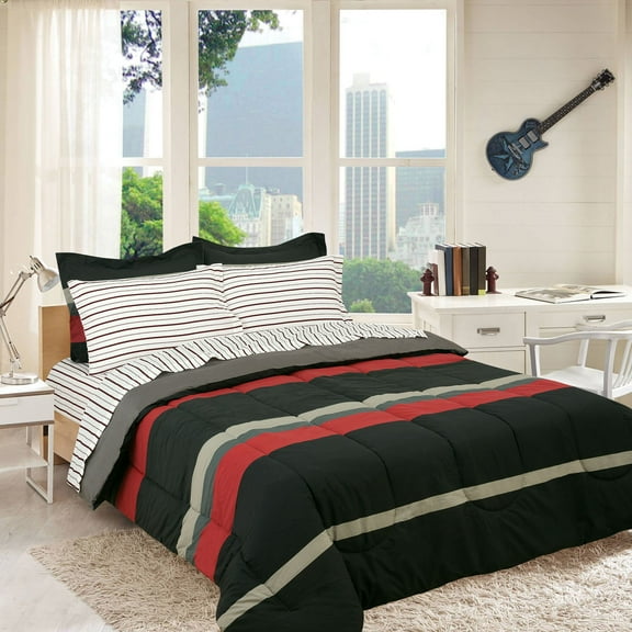 Queen Comforter Set, Rugby Stripe Red Reversible Bed in a Bag