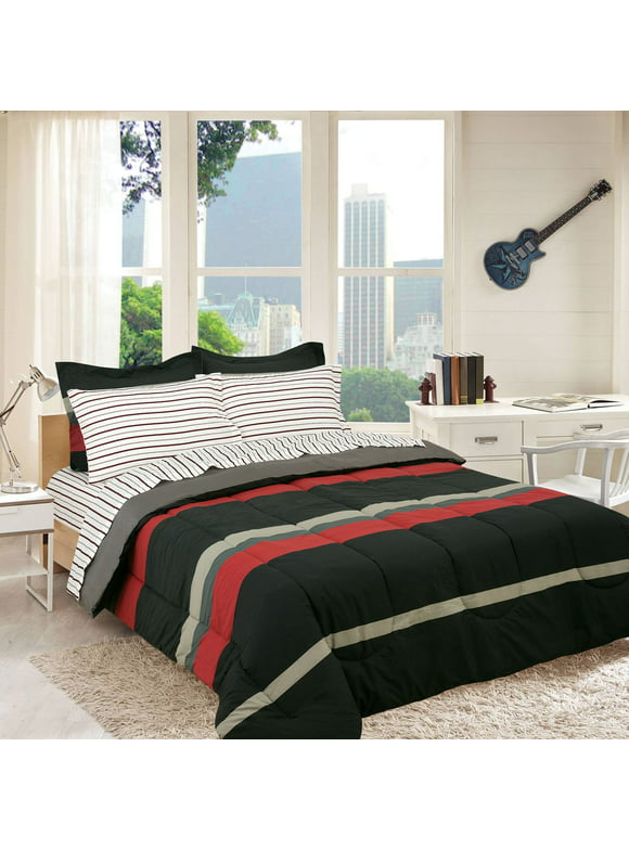 Queen Comforter Set, Rugby Stripe Red Reversible Bed in a Bag