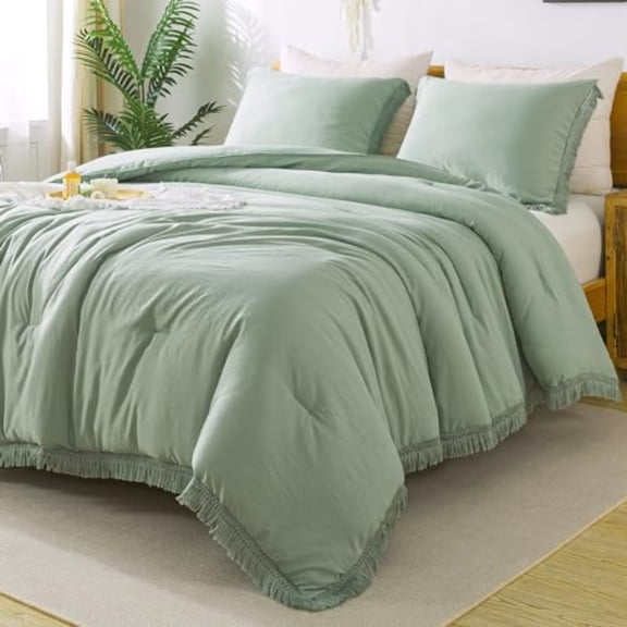 Queen Comforter Set Sage Green 3 Pieces Boho Tassel Lightweight Bedding Comforter Sets Winter Soft Fluffy Fringe Bed Set 90x90In Comforter 2 Pillowcases
