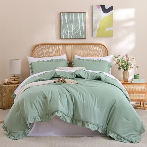 Queen Comforter Set Sage Green 3PCS（1 Ruffled Comforter Set and 2 Pillowcases） Vintage Farmhouse Shabby Chic Bedding Soft Fluffy Comforter Set All Season
