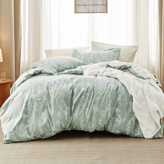 Queen Comforter Set - Sage Green Bed Set, 3 Pieces Cute Floral Bedding, 1 Soft Reversible Botanical Flowers Comforter and 2 Pillow Shams