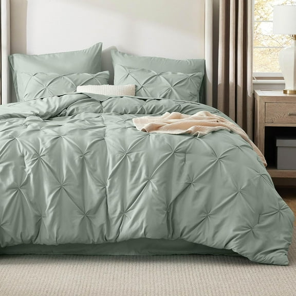 Queen Comforter Set Sage Green - Bed in a Bag Queen Size Bedding 7 Pieces, GentleSoft Pintuck Bed Set Gift for Family