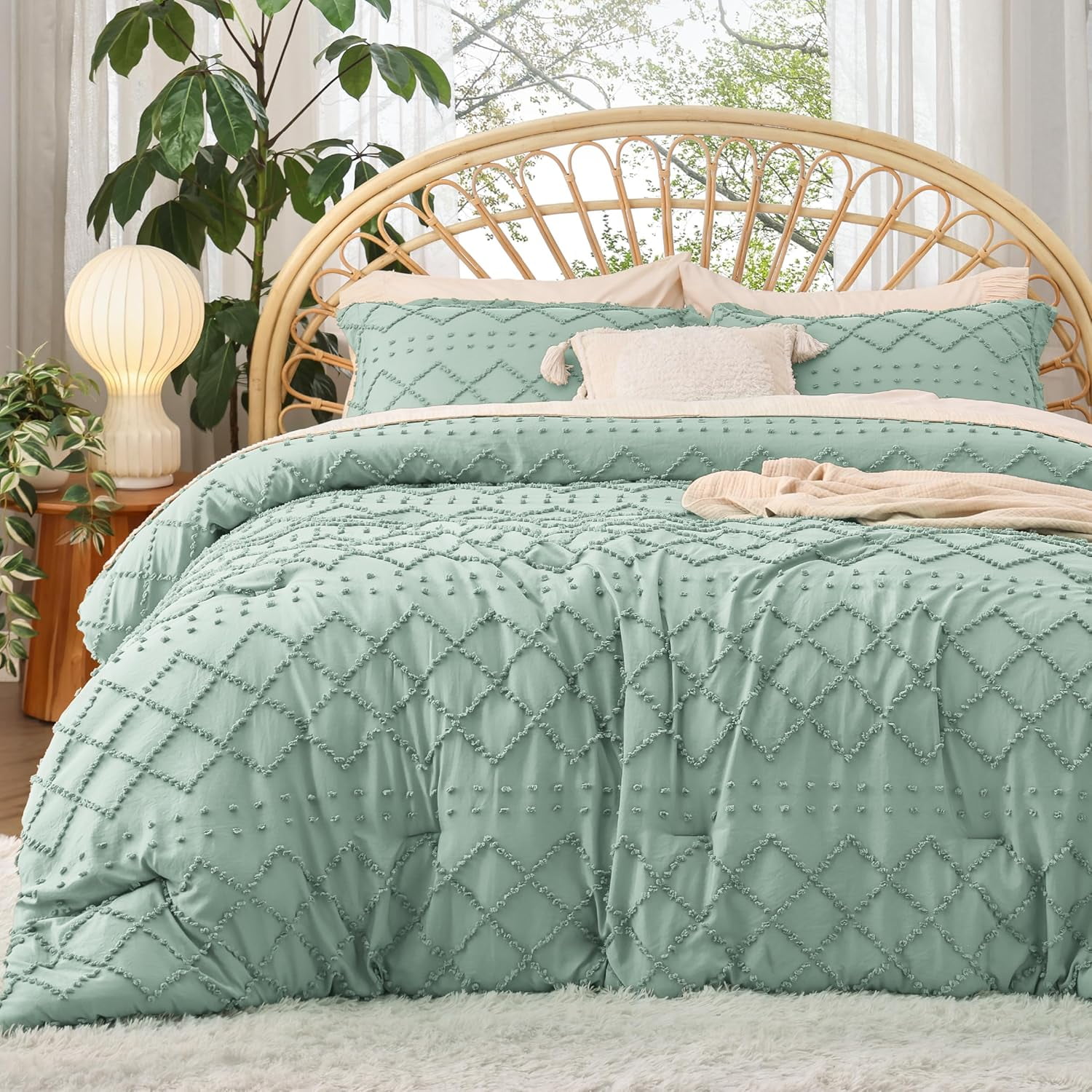 Sage Green Queen Microfiber Boho Comforter Set with Pillow Shams