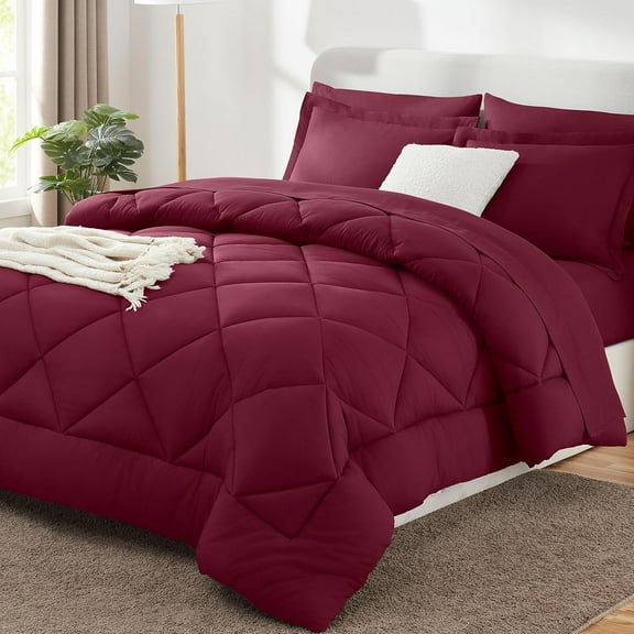 Queen Comforter Set with Sheets 7 Pieces Bed in a Bag Burgundy All Season Bedding Sets with Comforter, Pillow Shams, Flat Sheet, Fitted Sheet and Pillowcases, Red, Queen