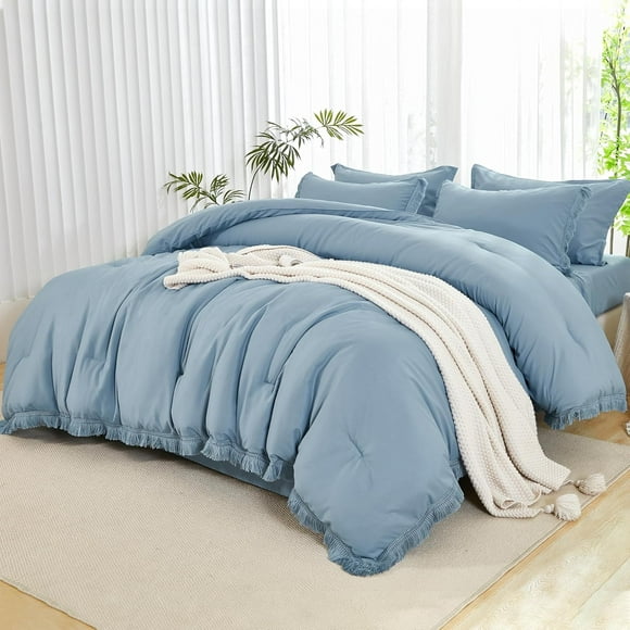 Queen Comforter Set with Sheets Grayish Blue -7 Pieces Boho Tassel Bed in a Bag Soft Lightweight Bedding Sets, All Season Fringe Bed Set with Comforter, Sheets, Pillowcases & Shams