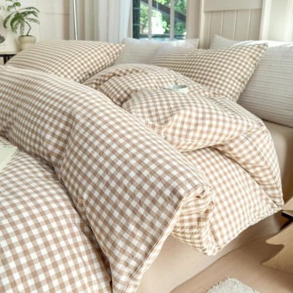 Queen Comforter Set Tan Gingham Comforter Modern Style Beige Plaid Comforter Set 3 Pieces Fluffy Grid Checkered Comforter with 2 Pillowcases Boho Gingham Bedding Set Queen Size