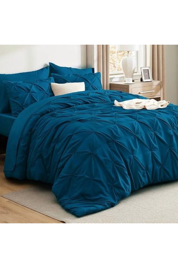 Queen Comforter Set Teal - Bed in a Bag Queen Size Bedding 7 Pieces, GentleSoft™ Pintuck Bed Set Gift for Family, Pinch Pleat All Season Comforter with Sheets, Pillowcases & Shams