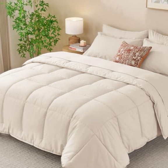 Queen Comforter Set Ultra-Soft Bed in a Bag Queen Size 7 Pieces Oeko-TEX Certified Bedding Set with Down Alternative Comforter Sheets Pillowcases Shams Beige