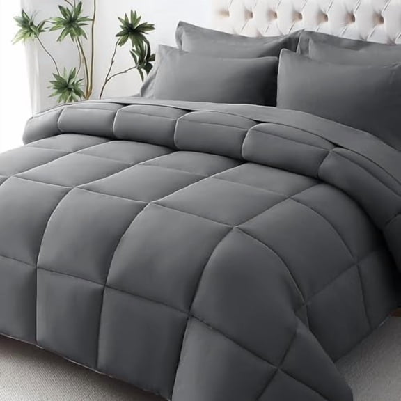 Queen Comforter Set, Ultra-Soft Bed in a Bag Queen Size 7 Pieces, Oeko-TEX Certified Bedding Set with Down Alternative Comforter, Sheets, Pillowcases & Shams, Dark Grey