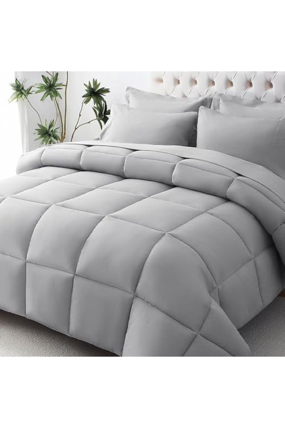 Queen Comforter Set, Ultra-Soft Bed in a Bag Queen Size 7 Pieces, Oeko-TEX Certified Bedding Set with Down Alternative Comforter, Sheets, Pillowcases & Shams, Light Grey