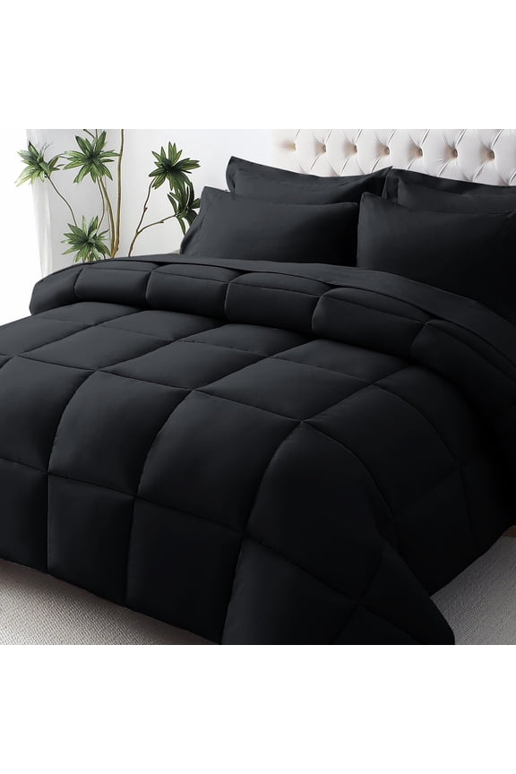 Queen Comforter Set Ultra-soft Bed In A Bag Size 7 Pieces Oeko-tex Certified Bedding With Down Alternative Sheets Pillowcases & Shams Black