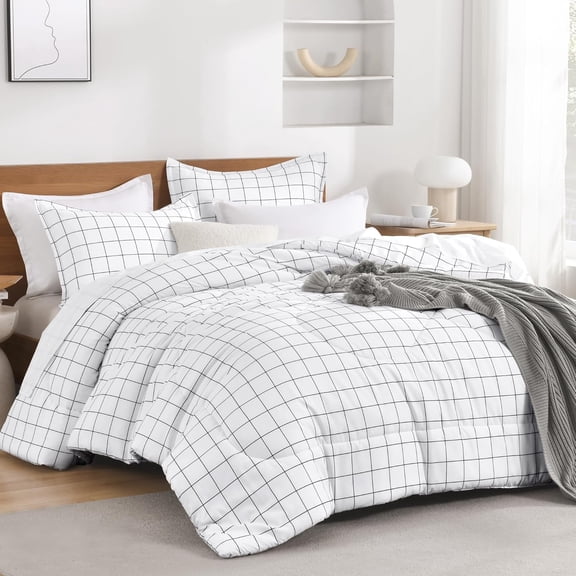 Queen Comforter Set White Gingham, Plaid Grid Checkered Bedding Comforter Set Queen Size, 3 Pieces Lightweight Reversible Geometric Modern Bedding Set(90x90 Inch)