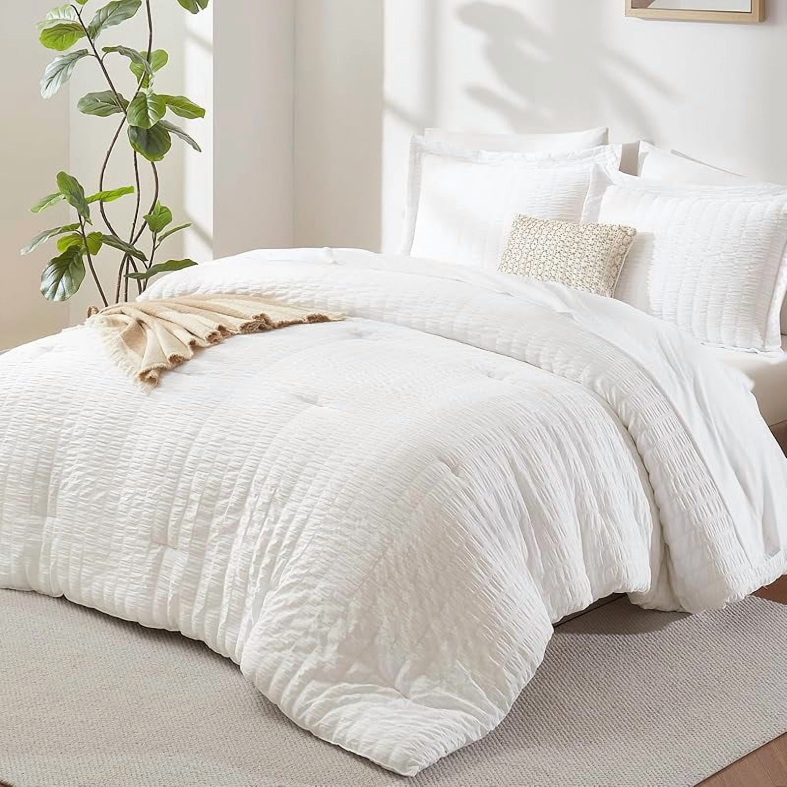 "Queen Comforter Set White Seersucker, 7-Piece Bed in a Bag, Luxury Soft Down Alternative Comforter, Sheets, Pillowcases & Shams, All Season Bedding Set"