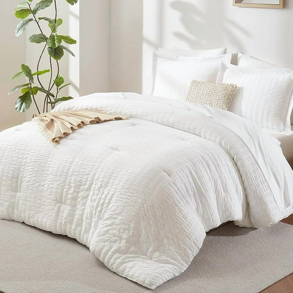 "Queen Comforter Set White Seersucker, 7-Piece Bed in a Bag, Luxury Soft Down Alternative Comforter, Sheets, Pillowcases & Shams, All Season Bedding Set"