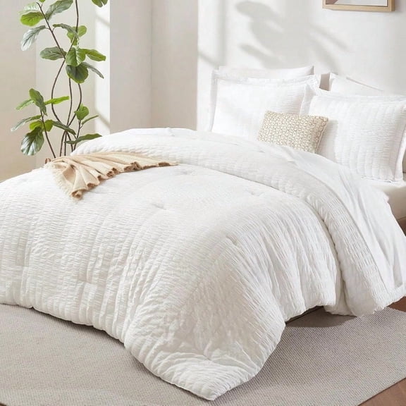 Queen Comforter Set White Seersucker 7 Pieces Bed in a Bag Queen Comforter Set with Sheets Luxury Soft Bedding Set with Down Alternative Comforter Sheets Pillowcases Shams for All Seasons
