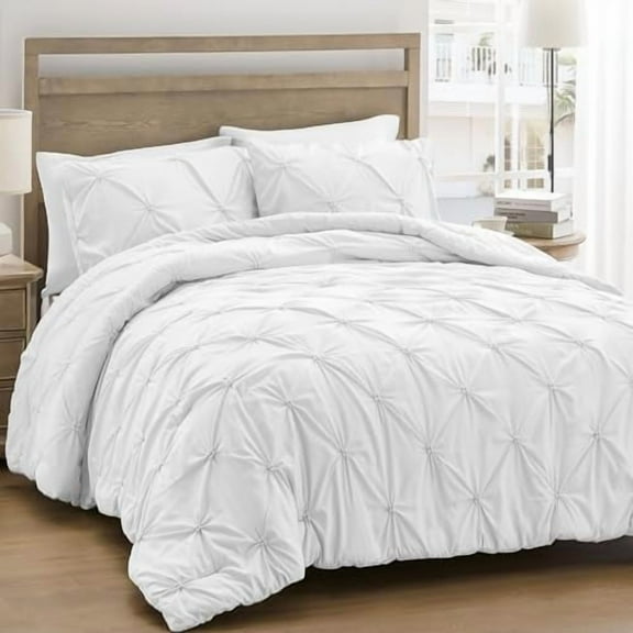 Queen Comforter Set White - Ultra Soft Boho Pintuck Down Alternative Bedding Set for Winter, All Seasons, 3 Pieces Lightweight Warm Pinch Pleat Bed Set with Comforter, 2 Pillowcases