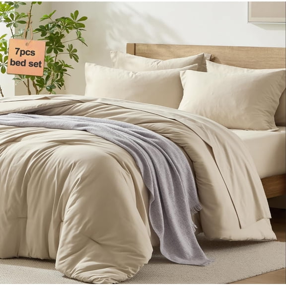 Queen Comforter Set With Sheets  7 Piece Beige Size Full Bed In A Bag Lightweight And Machine Washable