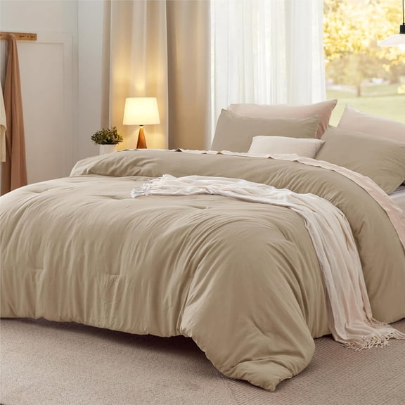 Queen Comforter Set in Khaki 3 Piece with Lightweight Comforter 90x90 Inches and Two Pillowcases 20x26 Inches
