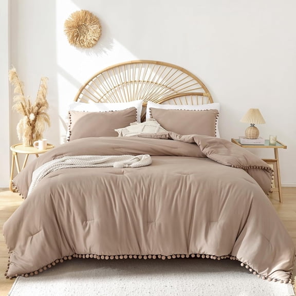 Queen Comforter Set with Ball Pom Fringe - Soft Microfiber Bedding for All Seasons - Taupe