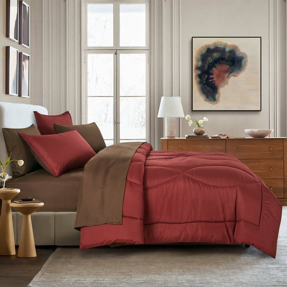Queen Comforter with Sheets Set - 7-Piece Burgundy Bed in a Bag Set