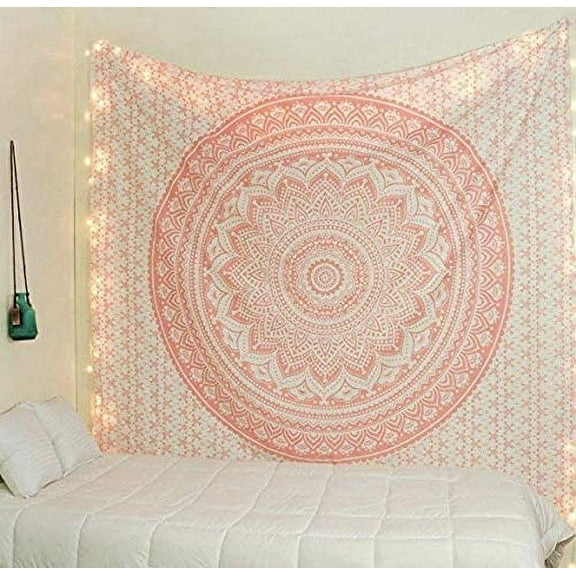 Queen Coral Peach Ombre Tapestry Mandala Art Hippie Wall Hanging Bohemian Bedspread Metallic Shine Tapestries 81"x88"