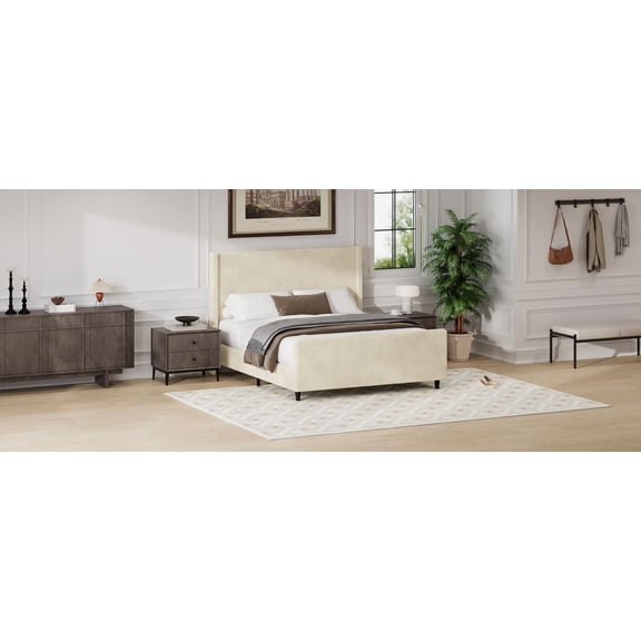 Queen Corduroy Upholstered Bed Frame 50.7" Wingback Headboard, Vertical Stripe, Cream, No Box Spring Needed, Modern Bedroom Furniture, Cozy & Supportive, Easy Assembly