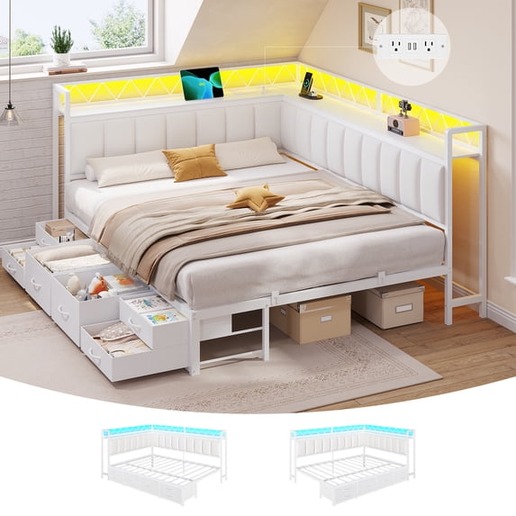 Queen Corner Bed Frame with 6 Storage Drawers and Upholstered Storage Headboard, Daybeds with LED Light & Charging Station for Teens/Adult, Queen Size Bed Frame, White