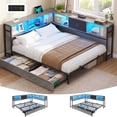 thumbnail image 1 of Queen Corner Bed Frame with Bookcase Storage & Led Lights,Queen Daybed Frame with Charging Station,Metal Platform Bed Frame with Storage Drawers Underneath for Living Room,Bedroom & Guest Room,Gray, 1 of 9