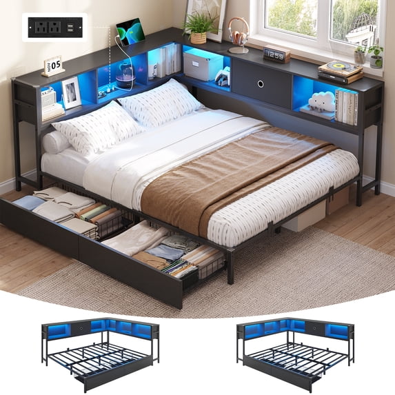 Queen Corner Bed Frame with Bookcase Storage & Led Lights,Queen Daybed Frame with Charging Station,Metal Platform Bed Frame with Storage Drawers Underneath for Living Room,Bedroom & Guest Room,Black