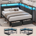 thumbnail image 1 of Queen Corner Bed Frame with Storage Drawers, LED Lights and Charging Station, Modern Queen Size Bed Frame Metal Platform with Linen Upholstered Guardrail, Dorm Bedroom Daybed for Teen Adult, Gray, 1 of 8