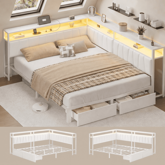 Queen Corner Bed Frame with Storage Drawers, LED Lights & Charging Station, Reversible Upholstered Platform Bed, Modern Metal Daybed Frame for Bedroom, White