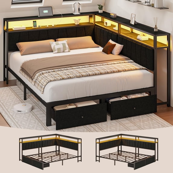 Queen Corner Bed Frame with Storage Drawers, Modern Linen Upholstered Daybed with LED Lights & Charging Station, Metal Platform Bed with Guardrail for Bedroom Dorm, Black