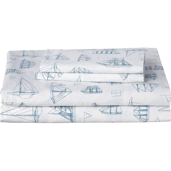 Queen Cotton Percale Sheet Set Whitewood Sail Blue
