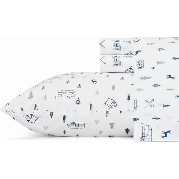 Queen Cotton Percale Sheet Set in Campout White/Navy