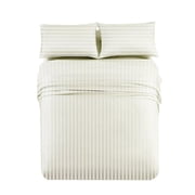 Queen Cotton Sateen Sheet Set   Oversized Fitted Sheet with 22  Deep Pockets, Smooth & Luxurious Bedding, Striped Ivory, Crafted in the USA with Imported Fabric
